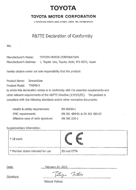 Certificaciones del sistema inmovilizador del motor (vehículos con sistema de llave inteligente)