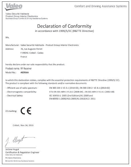 Certificación del control remoto inalámbrico (vehículos sin sistema de llave inteligente)