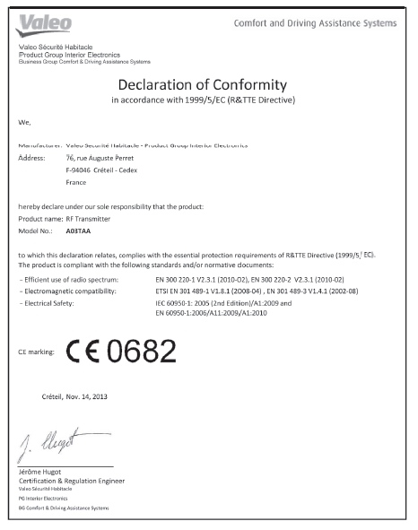 Certificación del control remoto inalámbrico (vehículos sin sistema de llave inteligente)